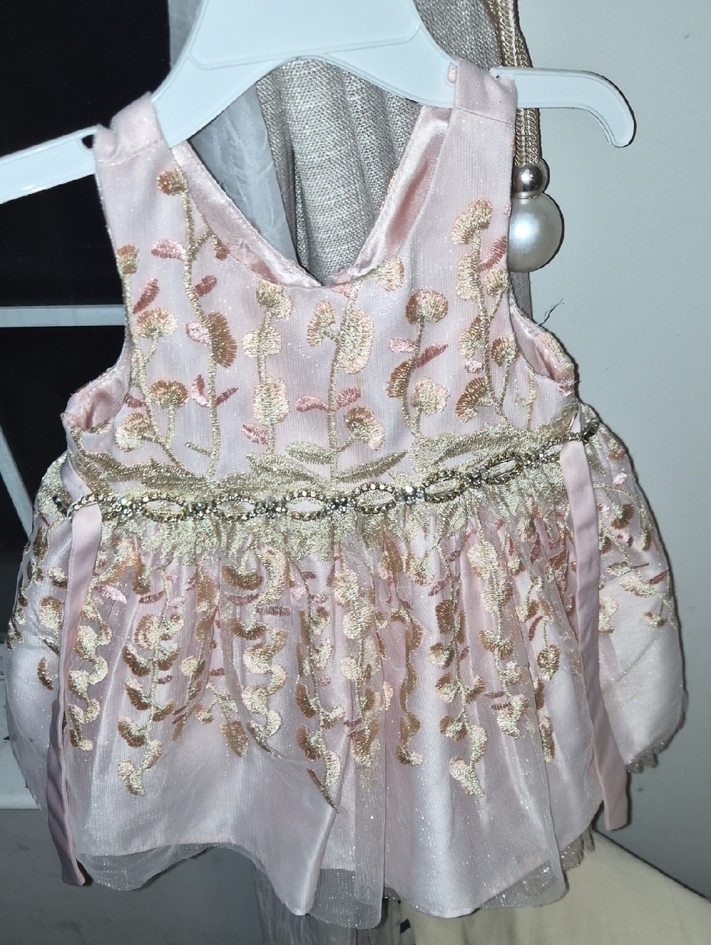 Girls' Pink Floral Embroidered Party Dress with Gold Accents